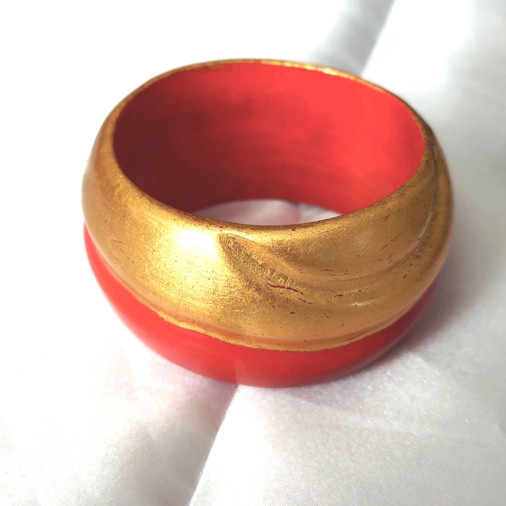 Rafael Sanchez Tagged Bangle Bracelet, Carved Wood, Red and Gold, Vintage, Rare!
